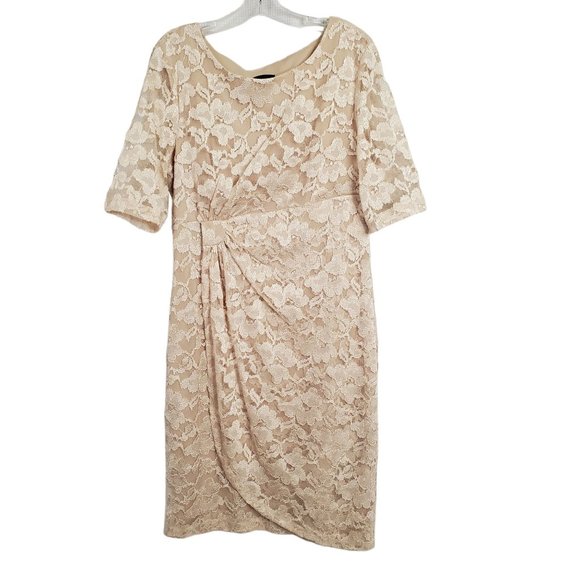 Connected Size 16 Dress Lace Overlay Lined Stretch Faux Wrap Cocktail Champagne - Picture 2 of 12